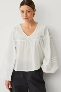 Ellos Collection Bluse med blondeindsatser Hvid Discount