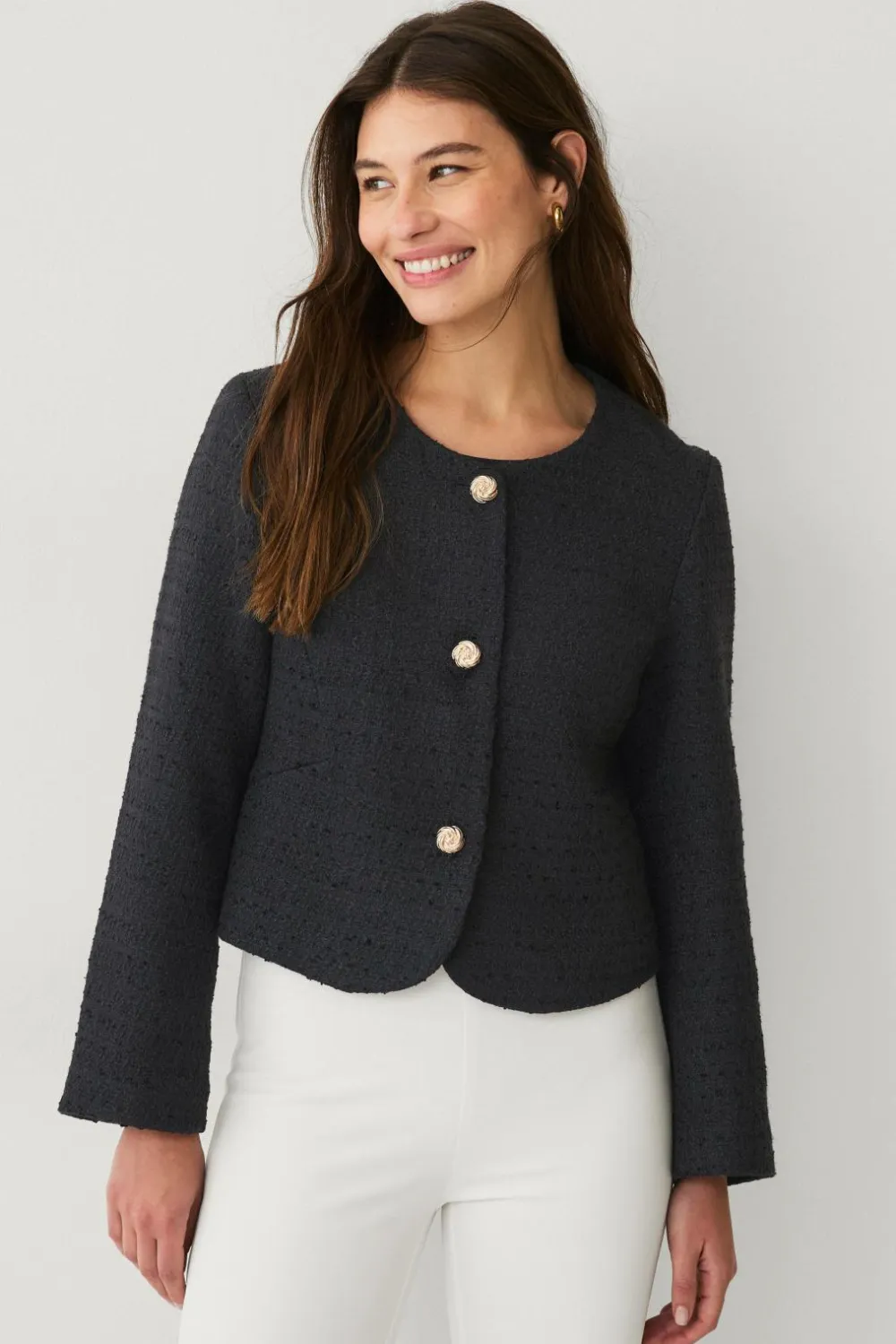 Ellos Blazere & Veste>Collection Bouclé-jakke med guldknapper Sort