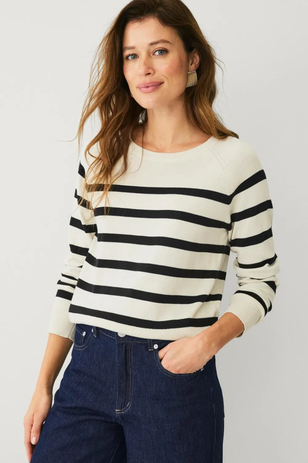 Ellos Basistøj>Collection Fintstrikket Pullover Beige/sort stribet