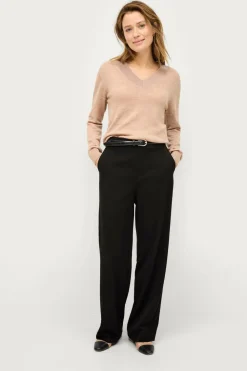Ellos Trøjer & Cardigans>Collection Finstrikket uldtrøje med v-hals Beige melerad