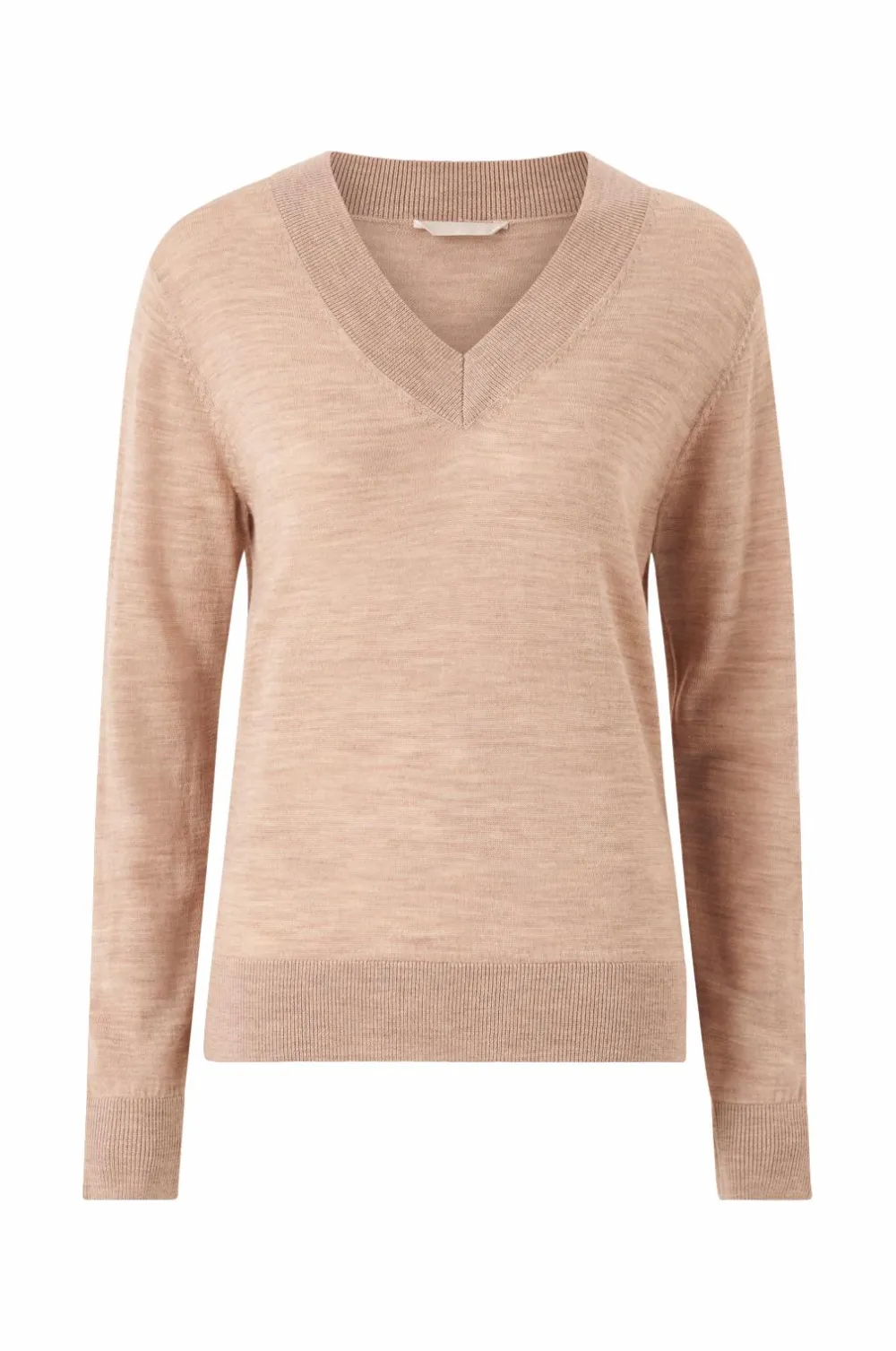 Ellos Trøjer & Cardigans>Collection Finstrikket uldtrøje med v-hals Beige melerad