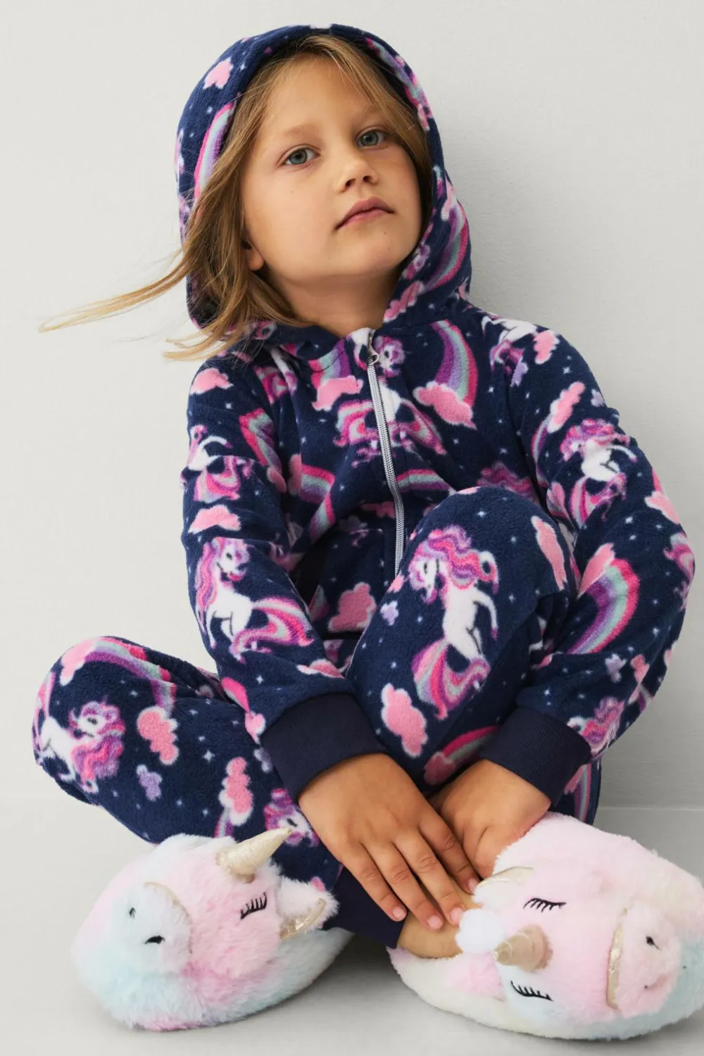 Ellos Jumpsuits>Collection Heldragt i fleece Blå mønstret enhjørning