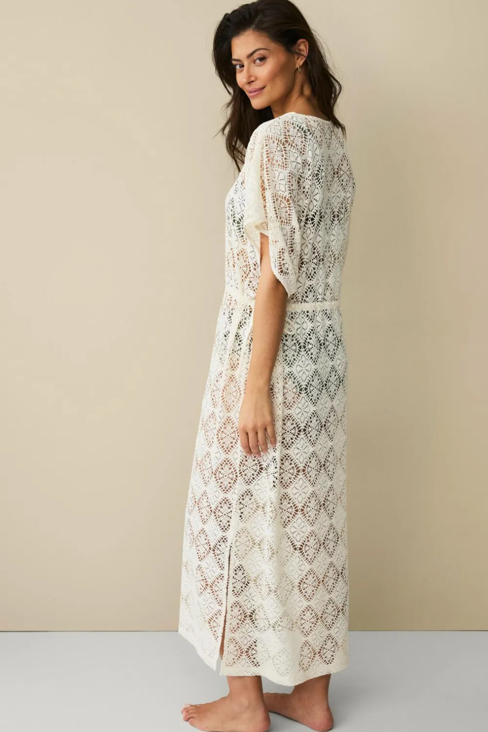 Ellos Strandtøj>Collection Hæklet kaftan-strandkjole Naturlig hvid