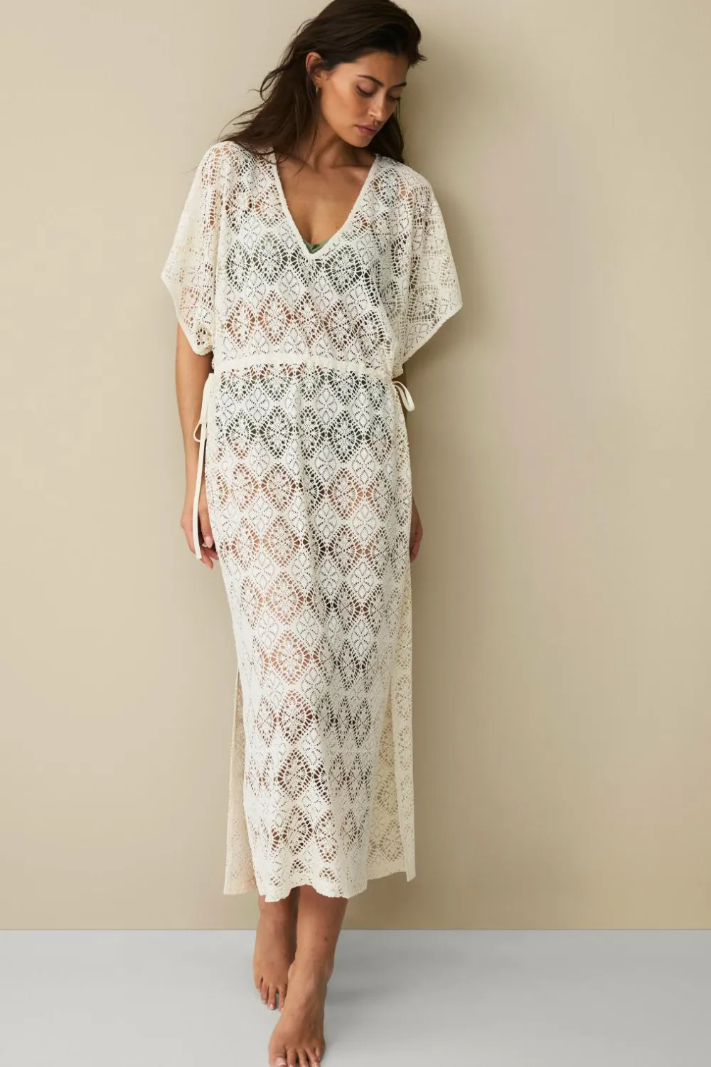Ellos Strandtøj>Collection Hæklet kaftan-strandkjole Naturlig hvid