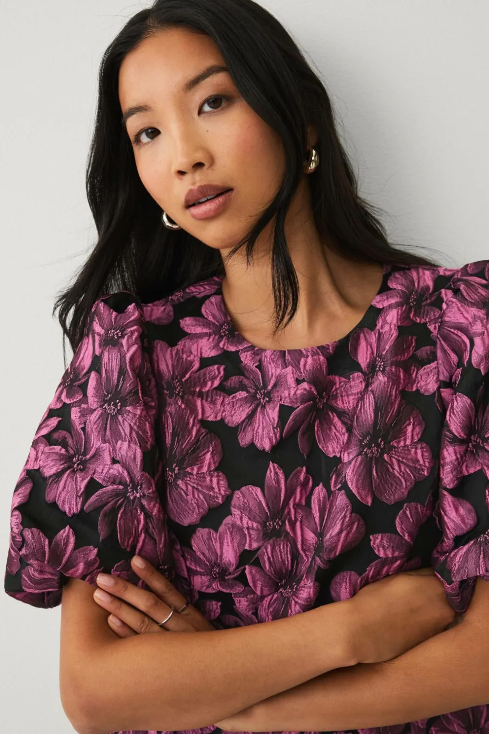 Ellos Collection Jacquardvævet bluse med pufærmer Rosa mønstret Sale