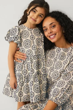 Ellos Collection Kjole med ballonærmer Beige/blå mønster