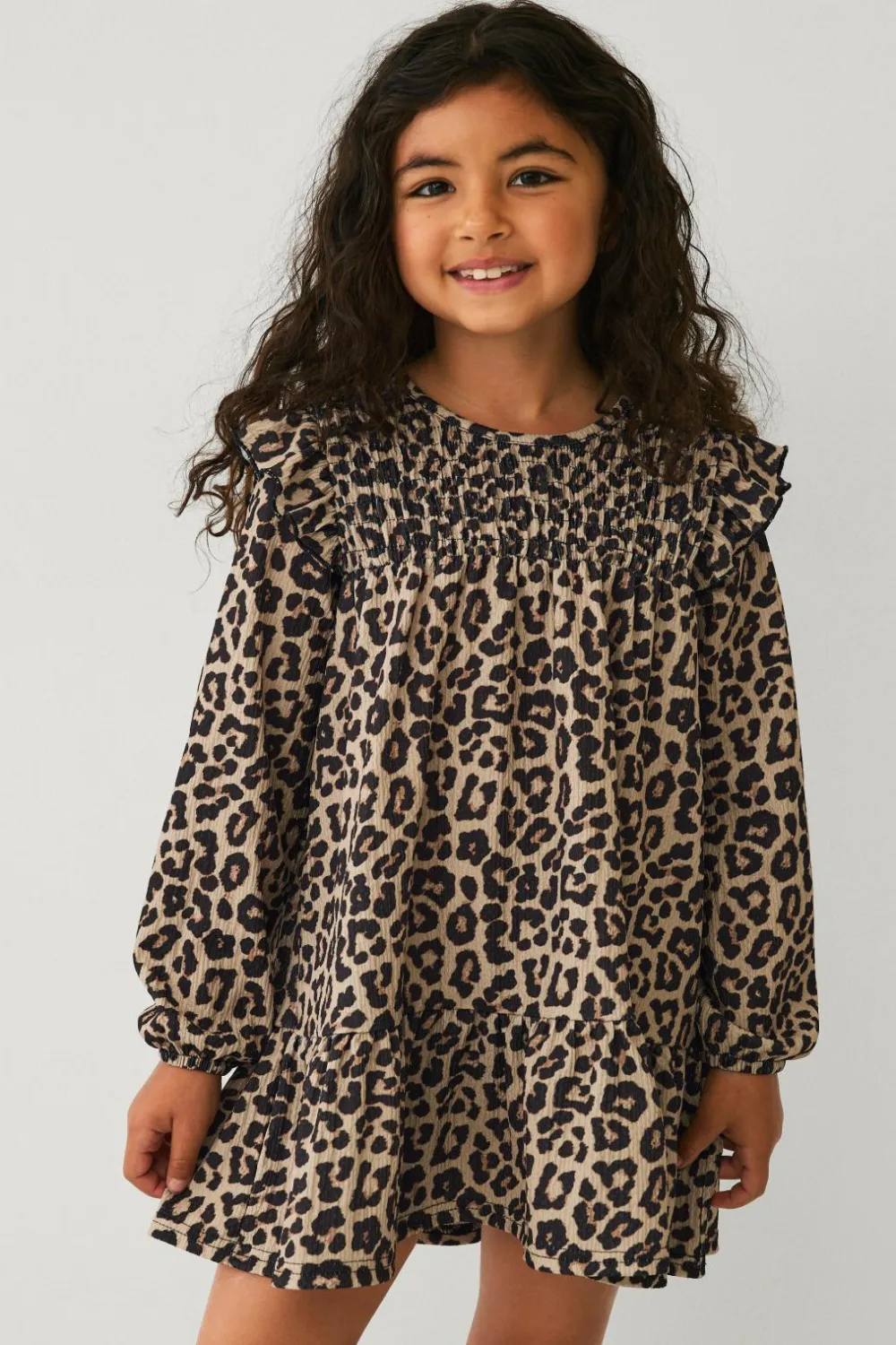 Ellos Kjoler>Collection Kjole med smock og flæser Leopardmønstret