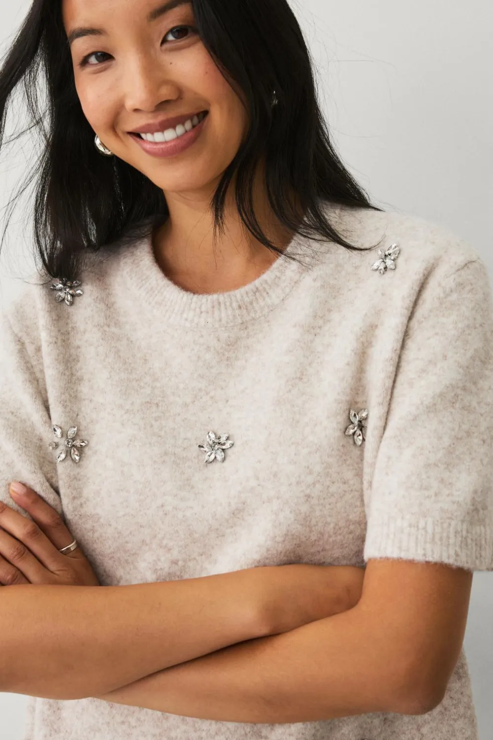 Ellos Trøjer & Cardigans>Collection Kortærmet, strikket trøje Beige