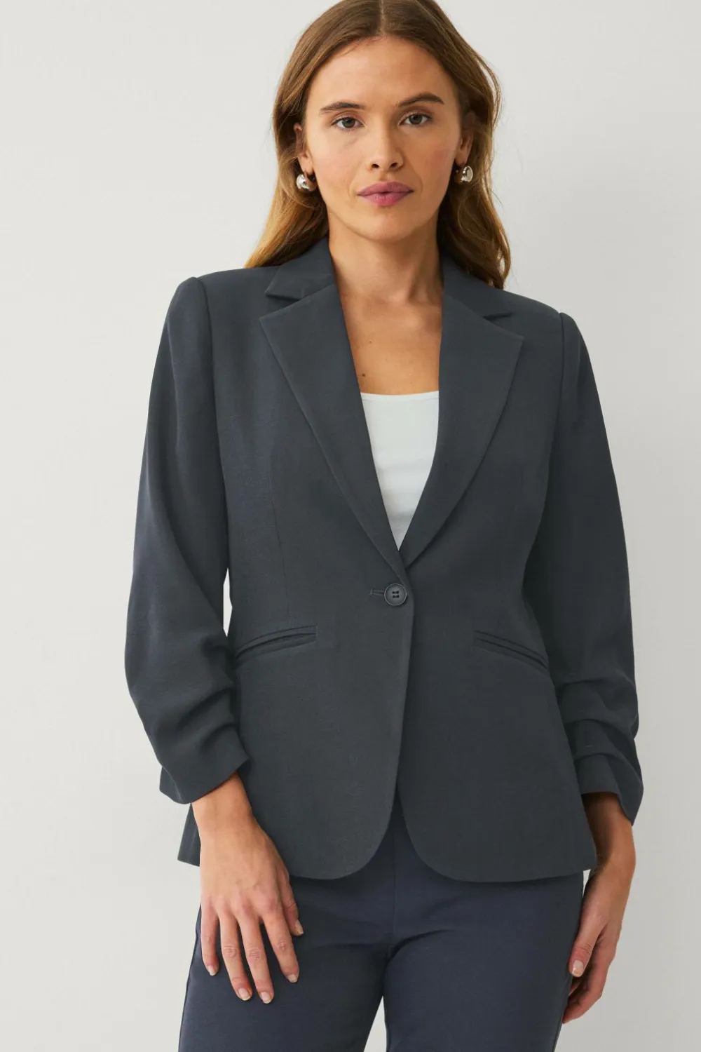 Ellos Blazere & Veste>Collection Smal pasform habitjakke med krøllede ærmer Mørkeblå