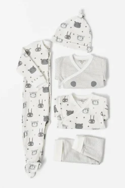 Ellos Nattøj & Homewear|Bukser, Jeans & Leggings>Collection Startset 5pcs Jade Baby Hvid kaninmønstret + gråstribet