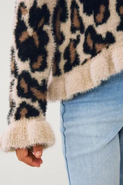 Ellos Collection Strikket trøje med flæser leopardmønstret Discount