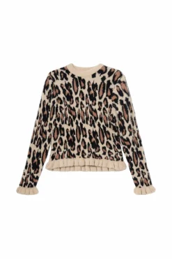 Ellos Collection Strikket trøje med flæser leopardmønstret Discount