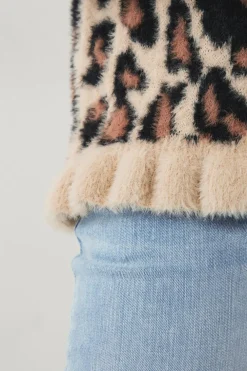Ellos Collection Strikket trøje med flæser leopardmønstret Discount