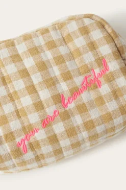Ellos Home Makeup taske Elly Check i genanvendt halvlinned Guldgul Best