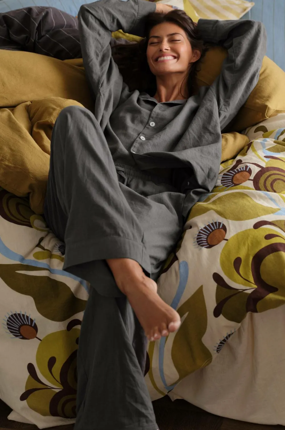 Ellos Homewear>Home Natbukser Pyjama Pant Elly i genanvendt halvlinned Åskgrå