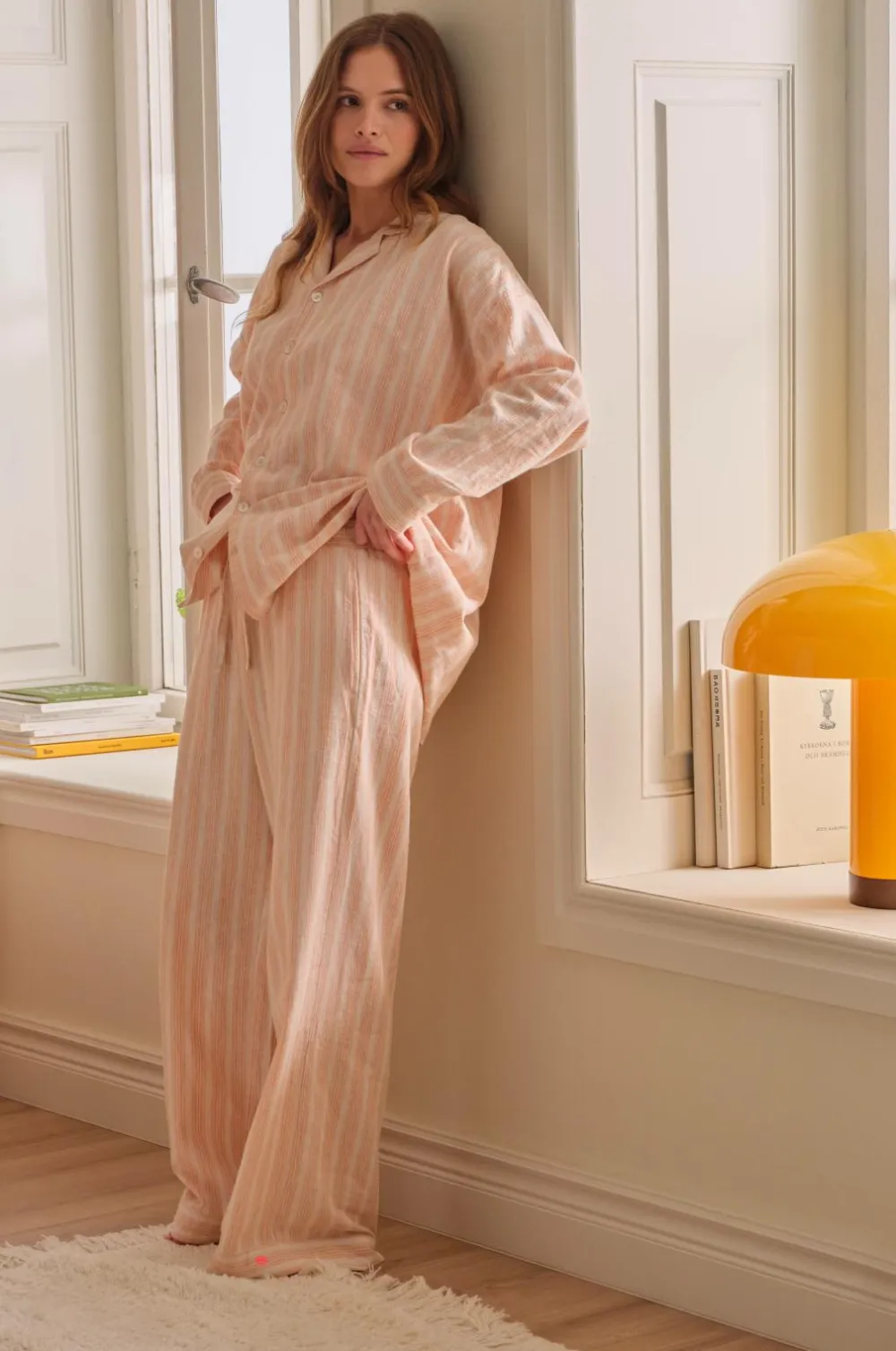 Ellos Home Natbukser Elly Stripe i genanvendt halvlinned Mørk abrikos Discount