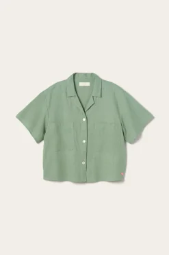 Ellos Homewear>Home Skjorte Elly Camp Collar i genanvendt halvlinned Aquagrøn