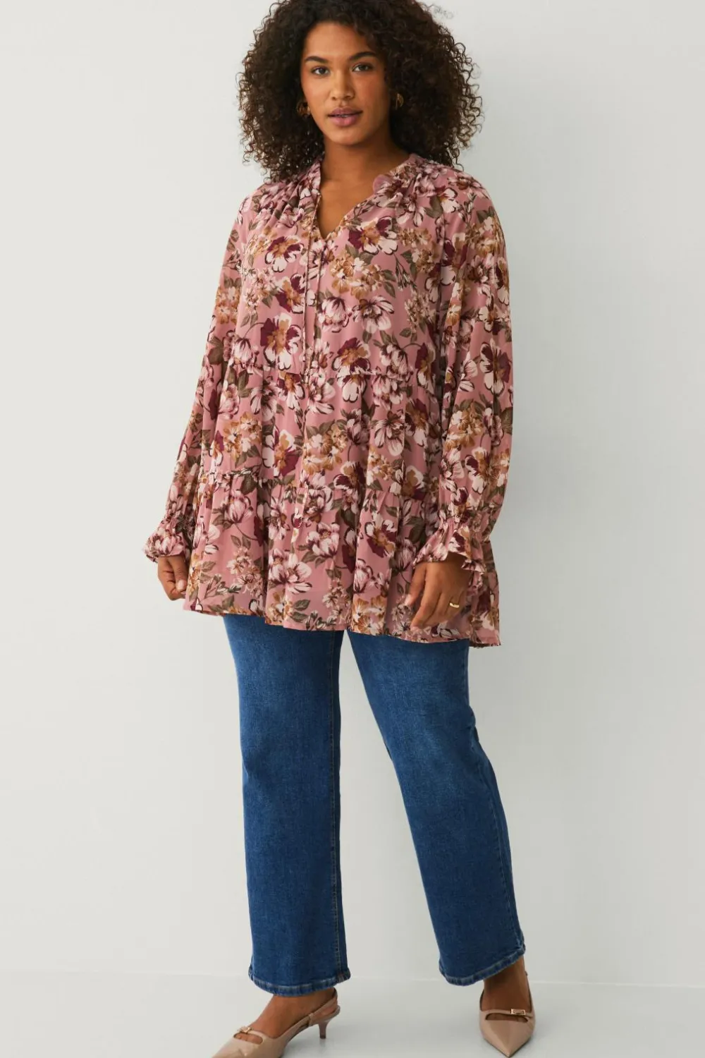 Ellos Plus collection Tunika med flæser rosa blommig Best
