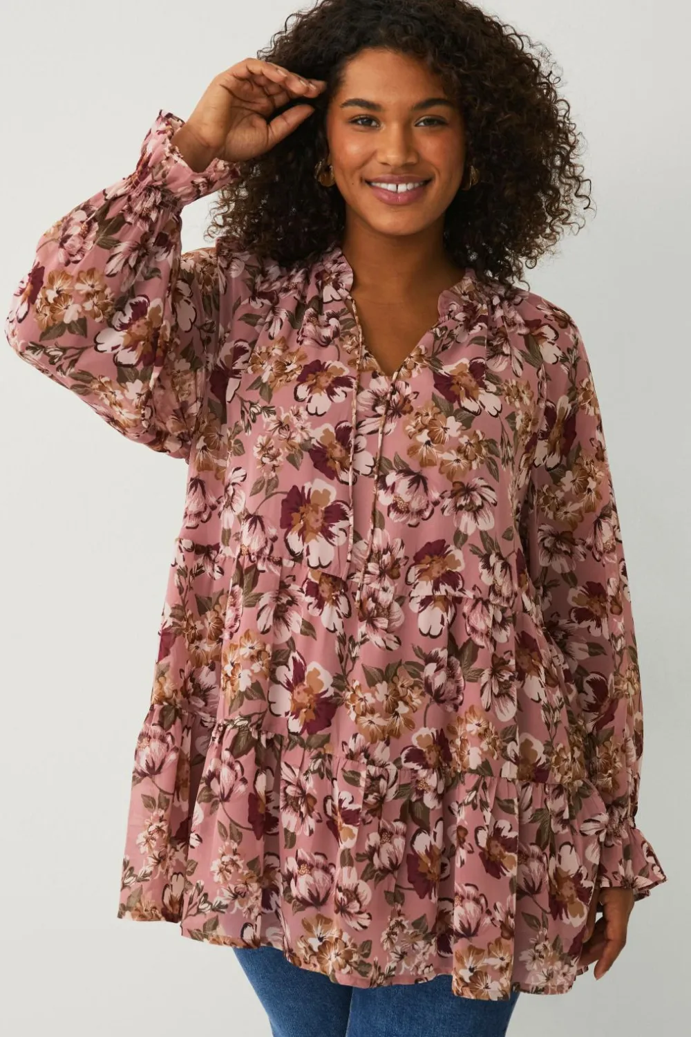 Ellos Plus collection Tunika med flæser rosa blommig Best