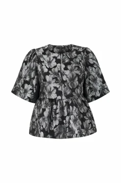 Ellos Plus collection Bluse med pufærmer sølv blommig Outlet