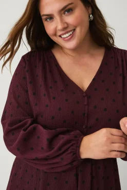 Ellos Tunikaer>Plus collection Tunika med V-hals Bordeaux med sort prik