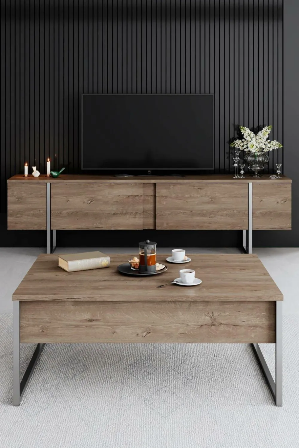 Hanah Home Tv-Bænke>TV-bænk Laurel Valnød/sølv