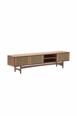 Kave Home Tv-Bænke>Elan Tv skab 3 døre finer og massiv valnød og snor 200 x 50 cm Fsc 100% Fsc Naturligt