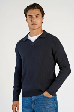Lindbergh Trøjer>Pullover Rib Knitted L/S V-neck Polo Navy
