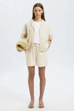 Selected FEMME Hørshorts slfLuisa MW Linen Blend Striped Sandshell Best
