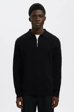 Selected HOMME Trøje slhDane LS Knit Struc Half Zip Polo Black
