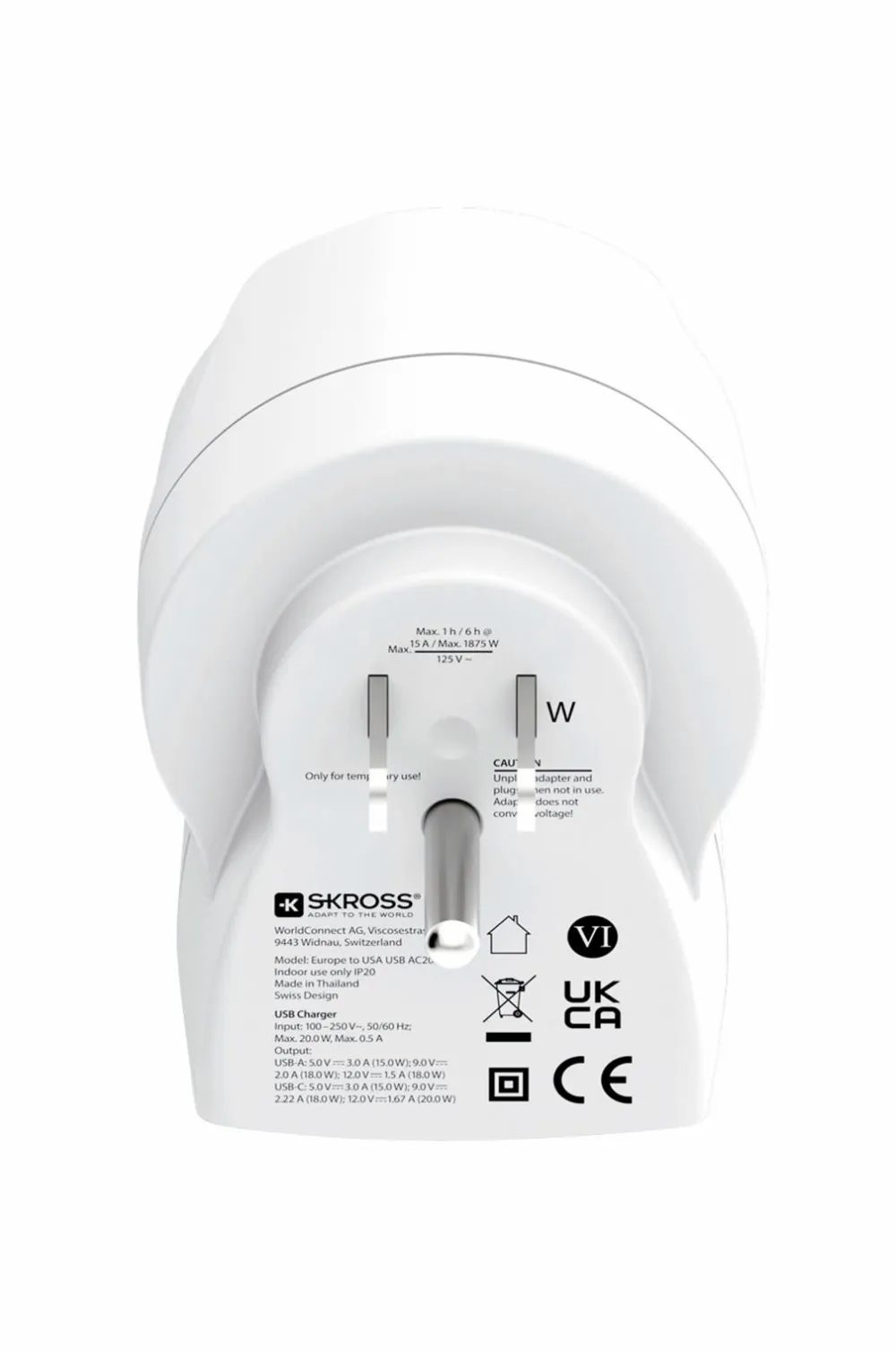 SKROSS Mobiltelefoner, Tablets & Tilbehør>Rejseadapter USB-A/USB-C 20W No color
