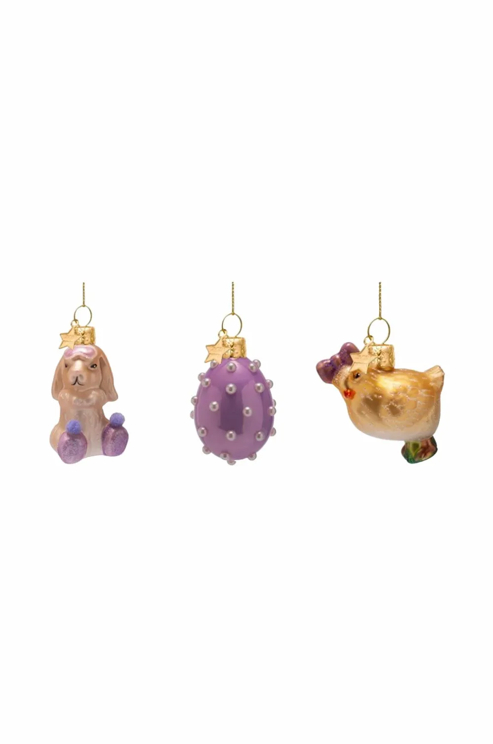Vondels Påskepynt>Ornament glas påskesæt bunny, sæt med 3 Lilla